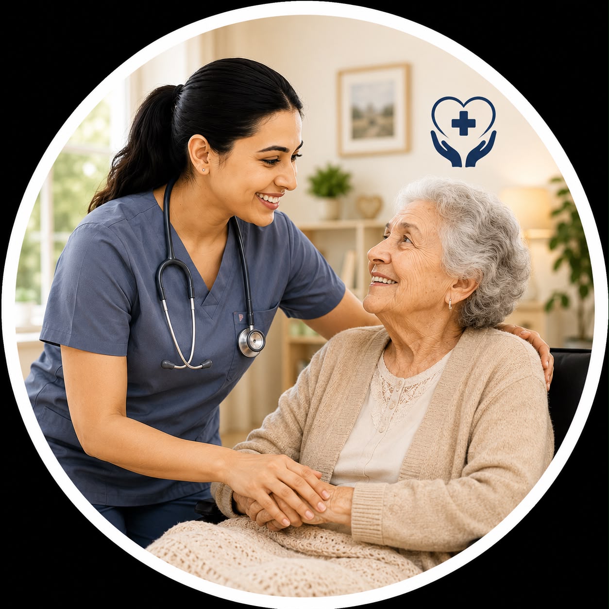 Nurse caring for an elderly woman — Lifeline Delegations emblem